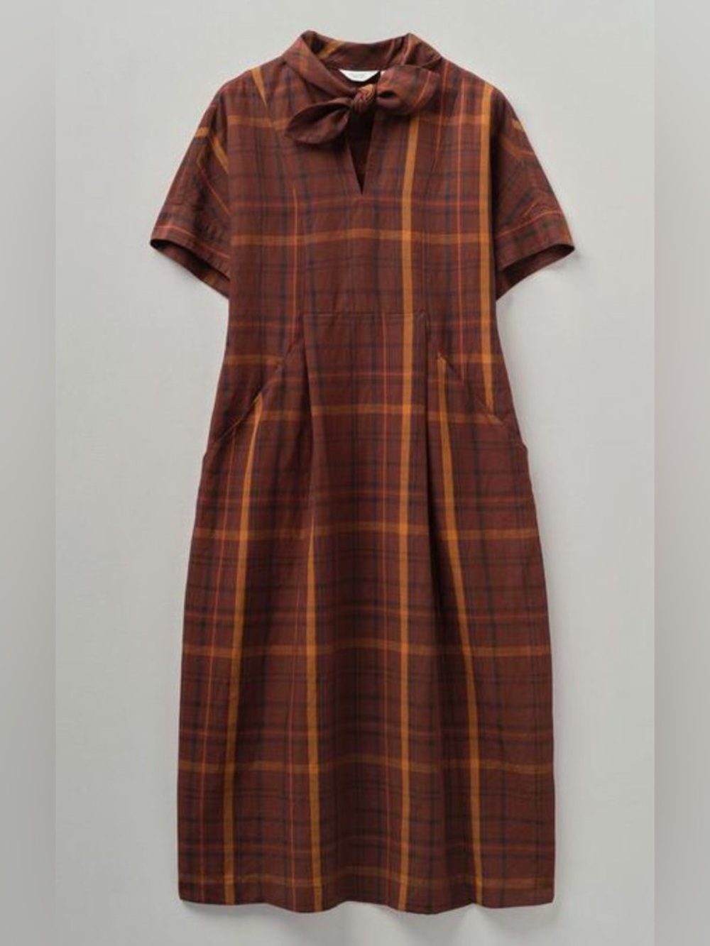 TOAST Brown / Orange Plaid Short-Sleeve Midi Dress with Necktie